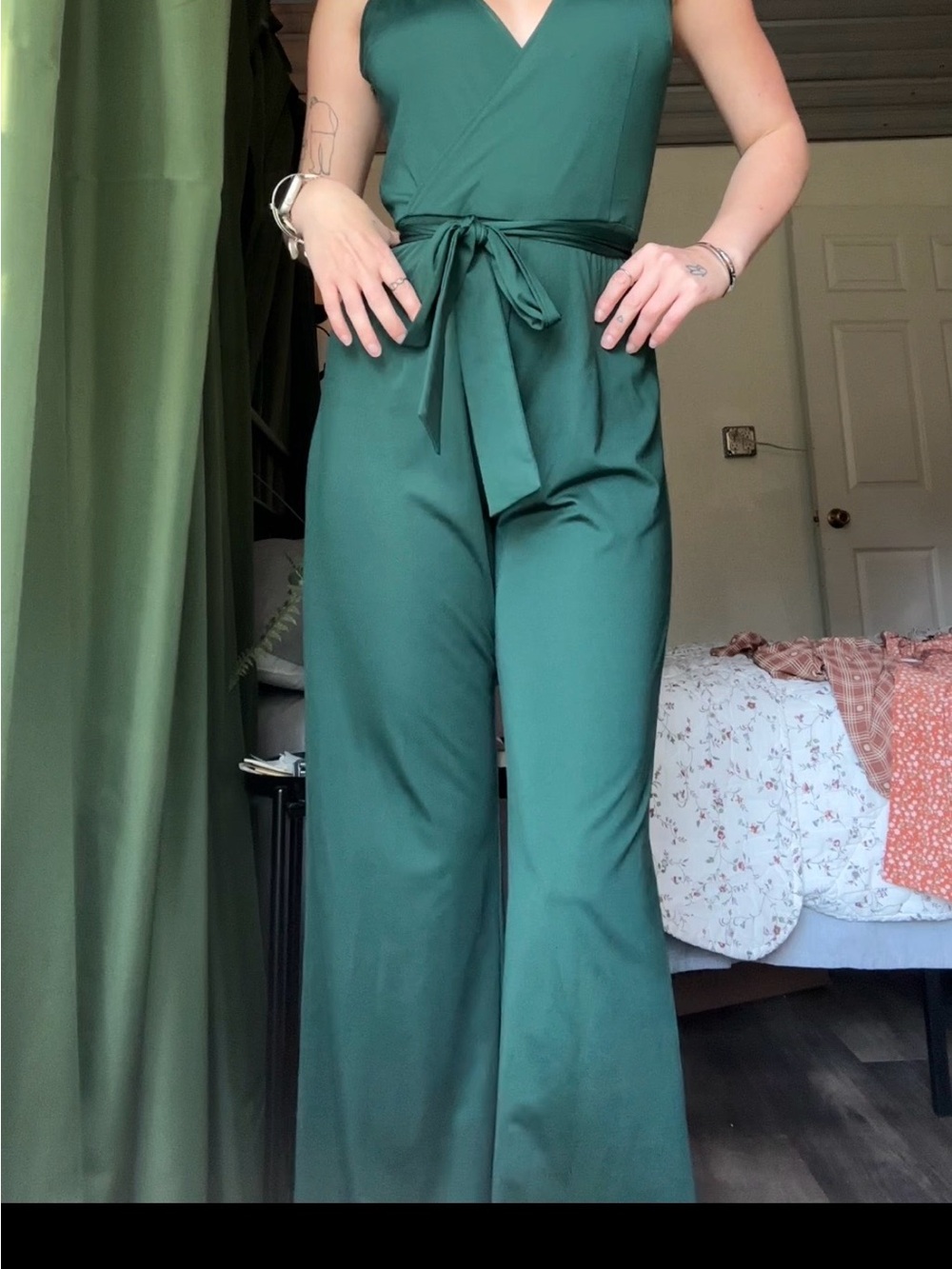Women’s Emerald Green Thin Strap Jumpsuit with Tie Waist